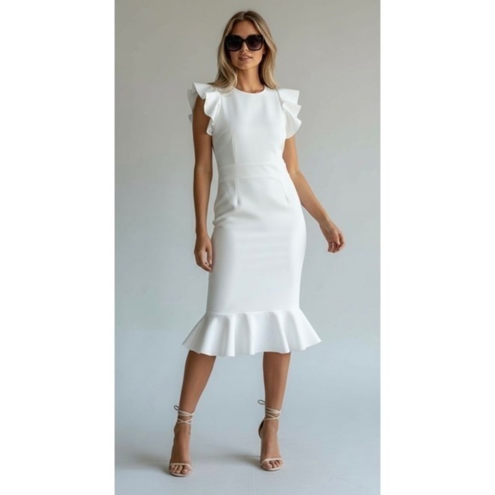 NEW Venus White Medium Ruffle‎ Sleeve Mermaid Hem Midi Dress